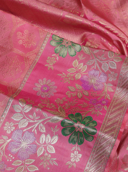 Pure kanchipuram silk saree light pink with allover zari woven brocade weaves and long zari woven border