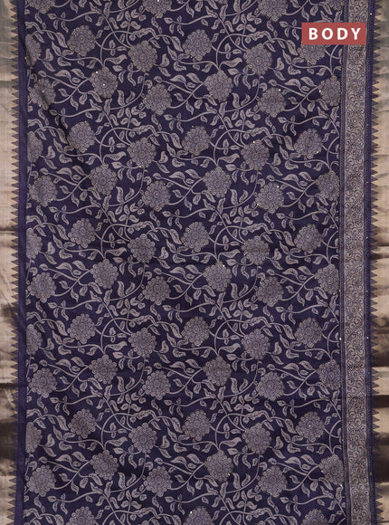 Semi tussar saree greyish blue and beige with allover prints & kantha stitch work and zari woven border