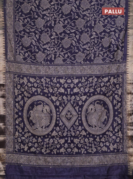 Semi tussar saree greyish blue and beige with allover prints & kantha stitch work and zari woven border