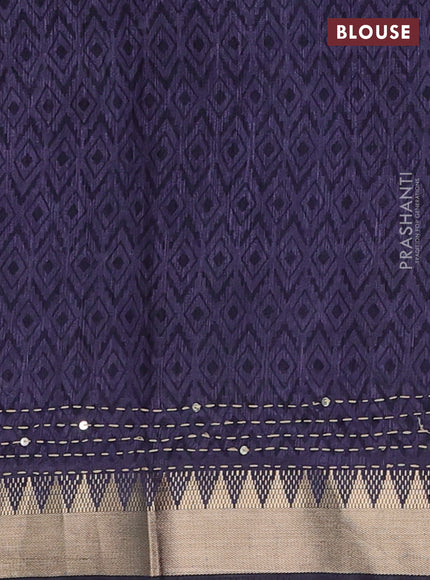 Semi tussar saree greyish blue and beige with allover prints & kantha stitch work and zari woven border