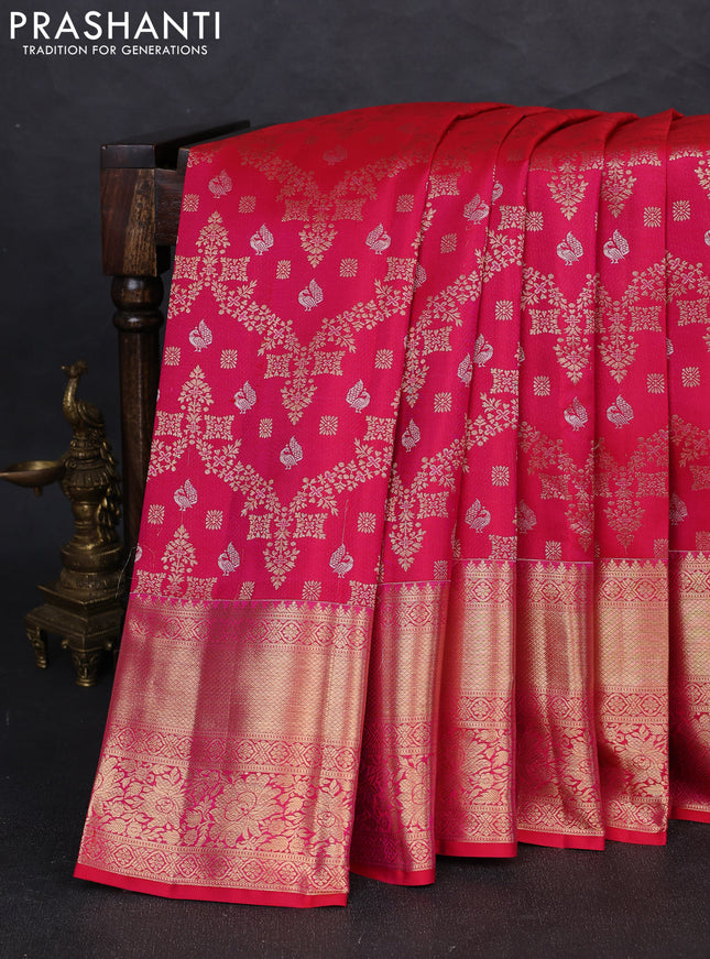Pure kanchipuram silk saree reddish pink with allover zari woven brocade weaves and long zari woven border