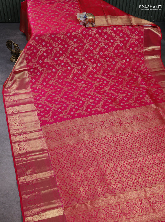 Pure kanchipuram silk saree reddish pink with allover zari woven brocade weaves and long zari woven border