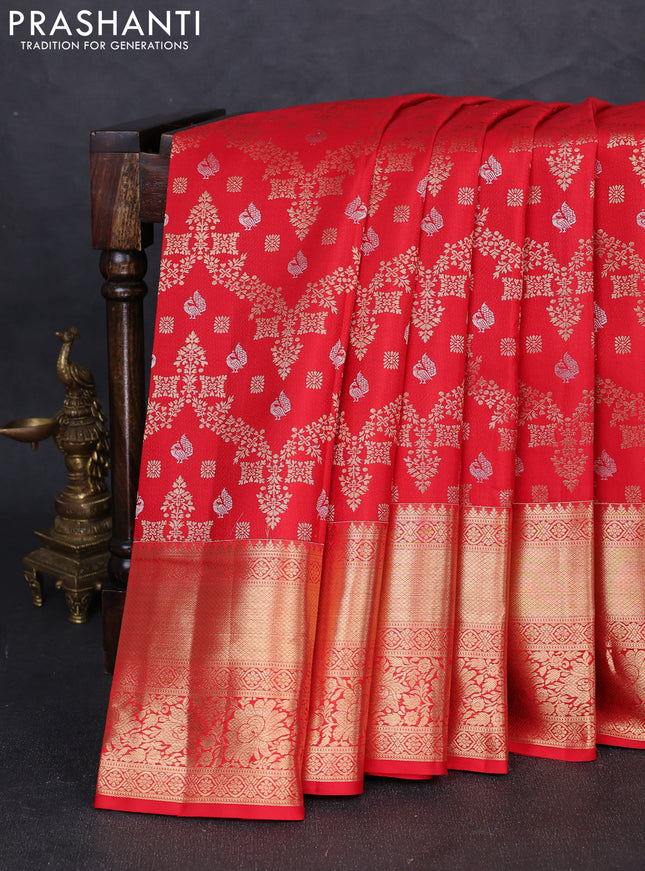 Pure kanchipuram silk saree red  with allover zari woven brocade weaves and long zari woven border