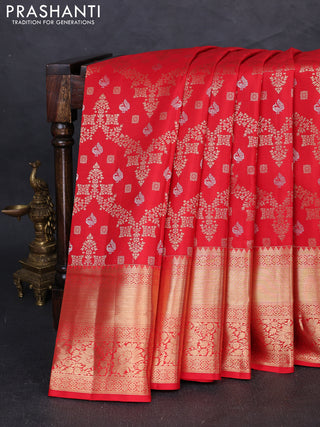 Pure kanchipuram silk saree red  with allover zari woven brocade weaves and long zari woven border