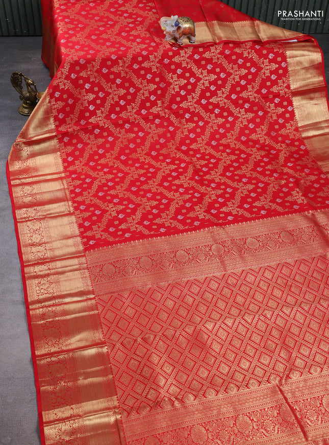 Pure kanchipuram silk saree red  with allover zari woven brocade weaves and long zari woven border