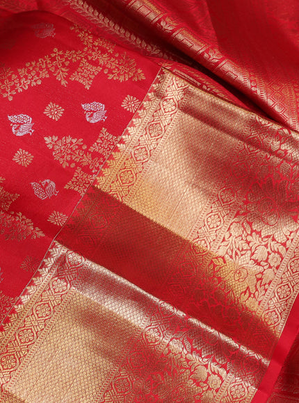 Pure kanchipuram silk saree red  with allover zari woven brocade weaves and long zari woven border