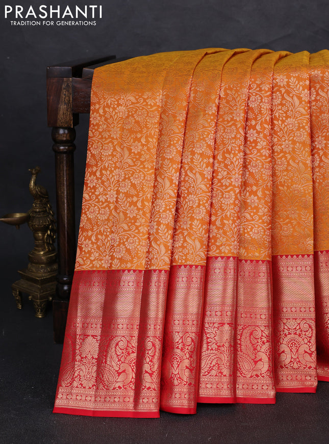 Pure kanchipuram silk saree mustard yellow and red with allover zari woven brocade weaves and long zari woven border