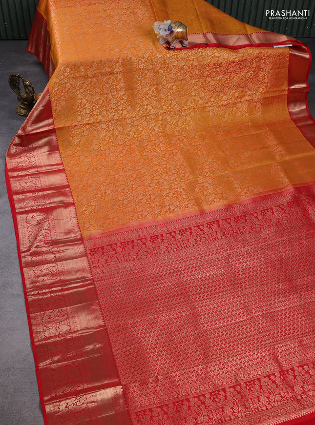 Pure kanchipuram silk saree mustard yellow and red with allover zari woven brocade weaves and long zari woven border