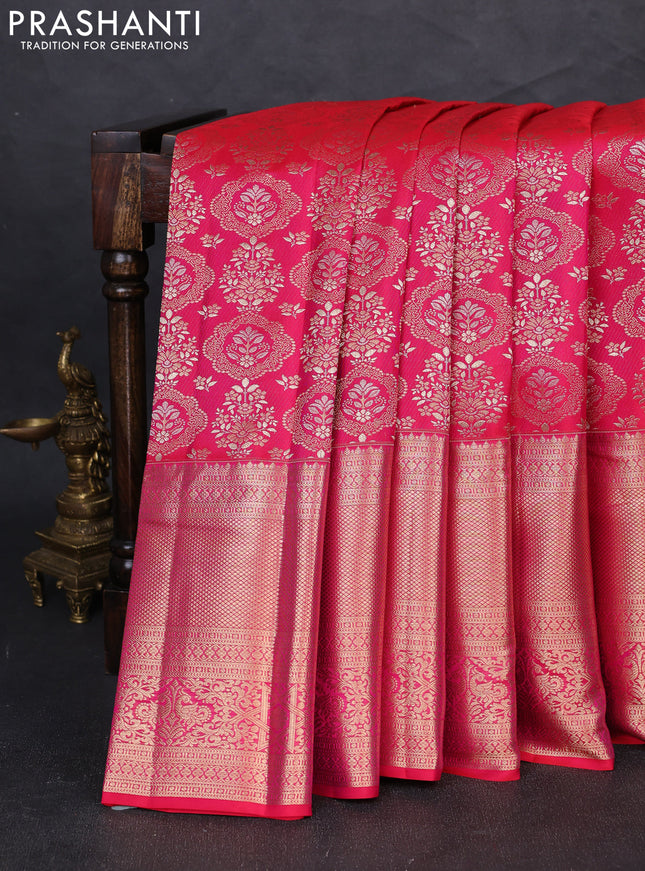 Pure kanchipuram silk saree pink with allover zari woven brocade weaves and long zari woven border