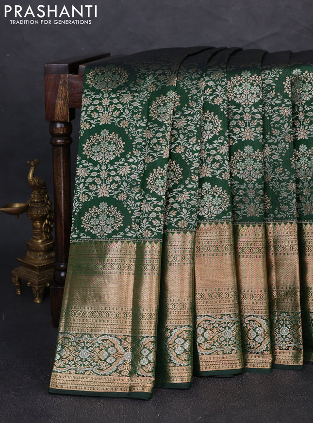Pure kanchipuram silk saree bottle green with allover zari woven brocade weaves and long zari woven border