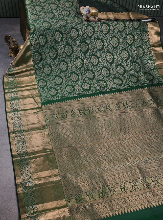 Pure kanchipuram silk saree bottle green with allover zari woven brocade weaves and long zari woven border