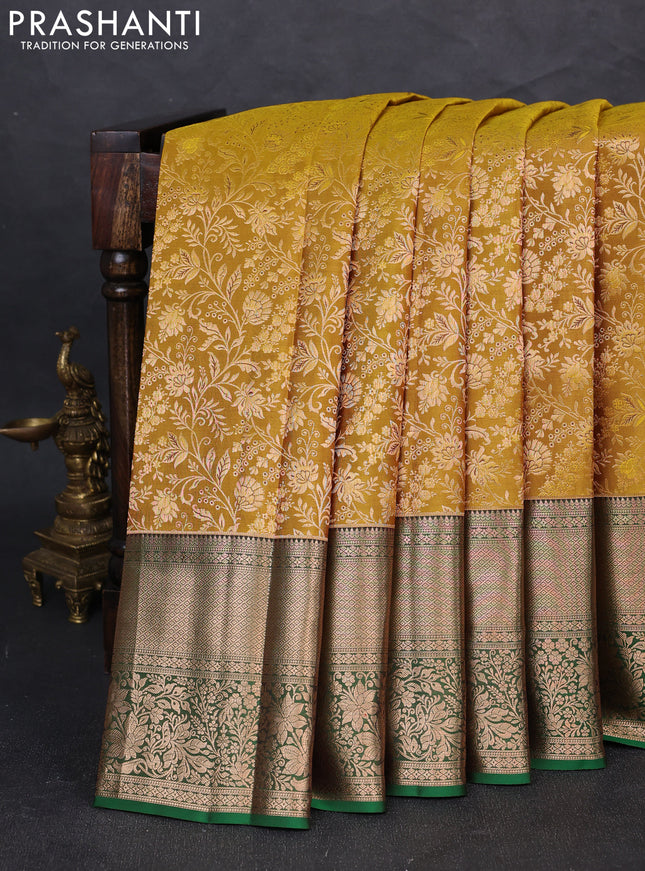 Pure kanchipuram silk saree mustard green and green with allover zari woven brocade weaves and long zari woven border