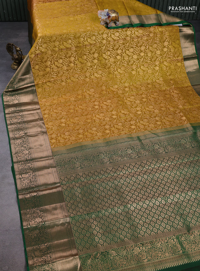 Pure kanchipuram silk saree mustard green and green with allover zari woven brocade weaves and long zari woven border