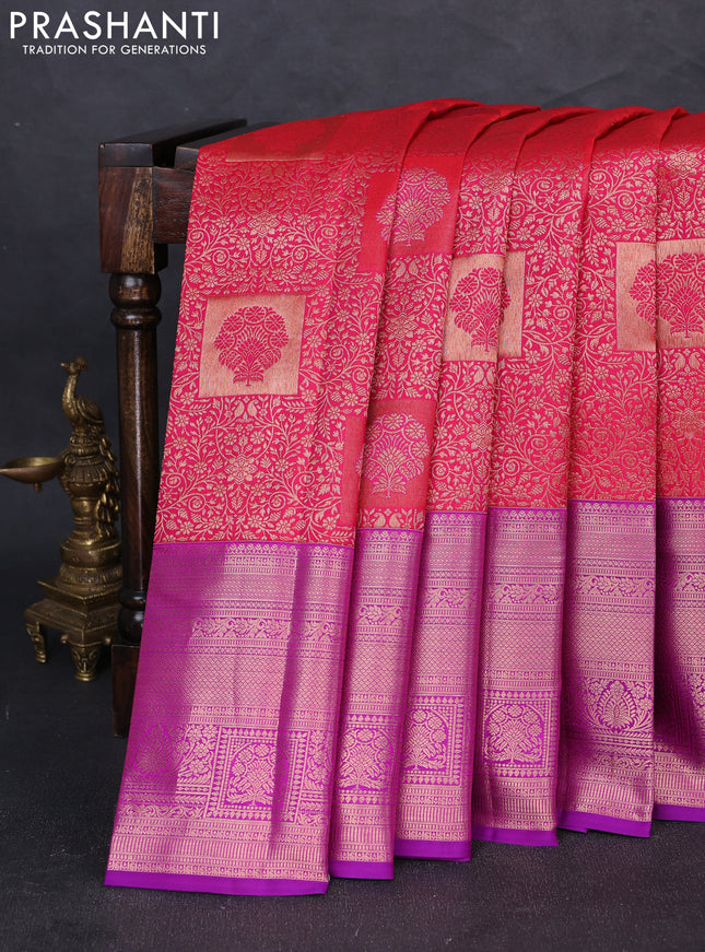 Pure kanchipuram silk saree pink and purple with allover zari woven brocade weaves and long zari woven border