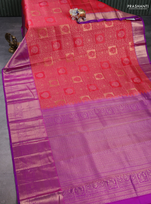 Pure kanchipuram silk saree pink and purple with allover zari woven brocade weaves and long zari woven border