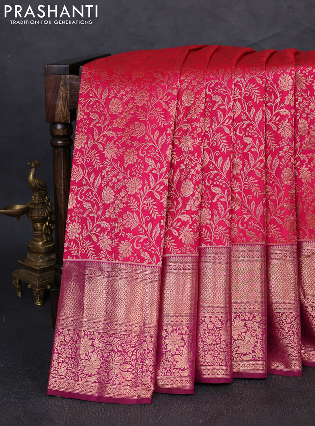 Pure kanchipuram silk saree pink and magenta pink with allover zari woven brocade weaves and long zari woven border