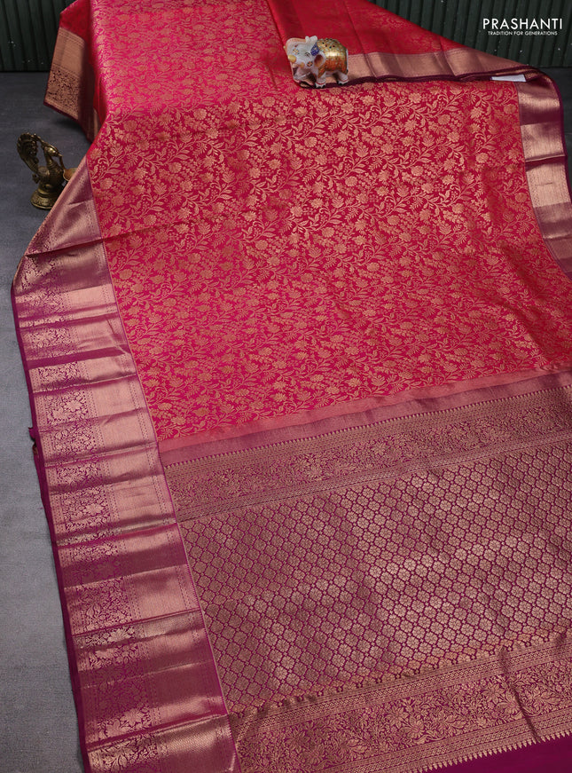 Pure kanchipuram silk saree pink and magenta pink with allover zari woven brocade weaves and long zari woven border