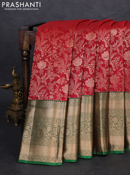 Pure kanchipuram silk saree maroon and green with allover zari woven brocade weaves and long zari woven border