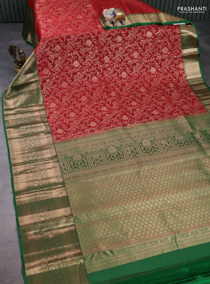Pure kanchipuram silk saree maroon and green with allover zari woven brocade weaves and long zari woven border