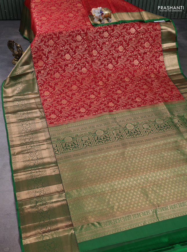 Pure kanchipuram silk saree maroon and green with allover zari woven brocade weaves and long zari woven border