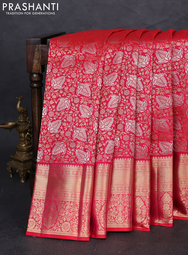 Pure kanchipuram silk saree pink with allover zari woven brocade weaves and long zari woven border