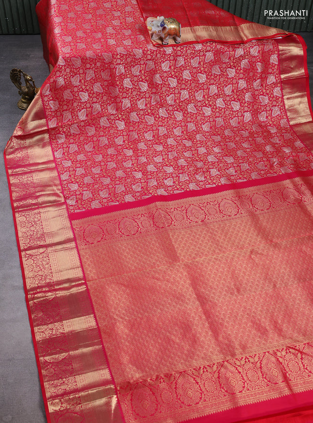 Pure kanchipuram silk saree pink with allover zari woven brocade weaves and long zari woven border