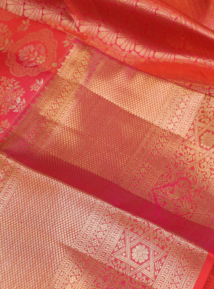 Pure kanchipuram silk saree dual shade of pinkish orange with allover zari woven brocade weaves and long zari woven border