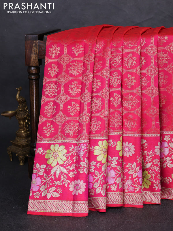 Pure kanchipuram silk saree dual shade of reddish pink with allover zari woven brocade weaves and floral design meenakari border