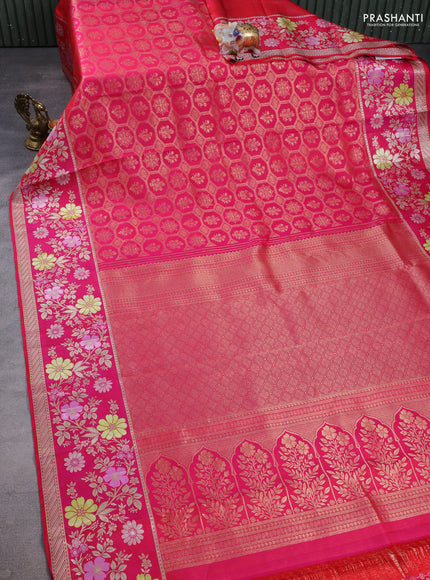 Pure kanchipuram silk saree dual shade of reddish pink with allover zari woven brocade weaves and floral design meenakari border