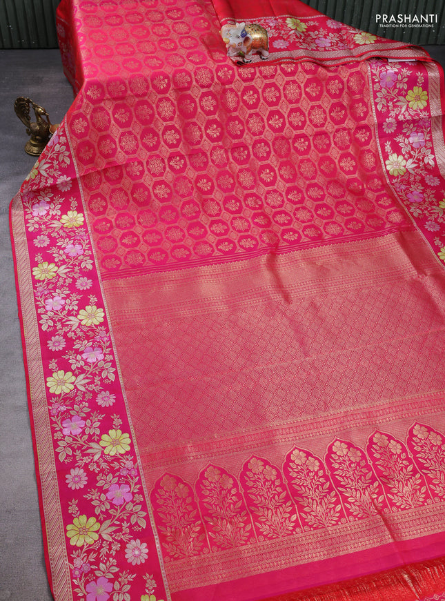 Pure kanchipuram silk saree dual shade of reddish pink with allover zari woven brocade weaves and floral design meenakari border
