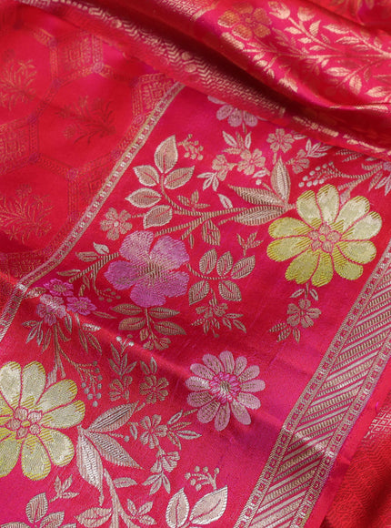 Pure kanchipuram silk saree dual shade of reddish pink with allover zari woven brocade weaves and floral design meenakari border