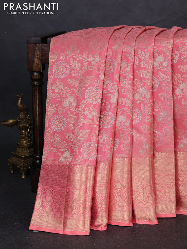 Pure kanchipuram silk saree peach pink with allover zari woven brocade weaves and long zari woven border