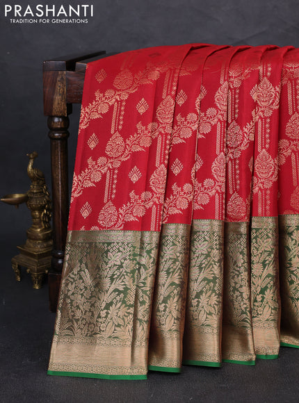 Pure kanchipuram silk saree maroon and green with allover zari woven brocade weaves and long zari woven border