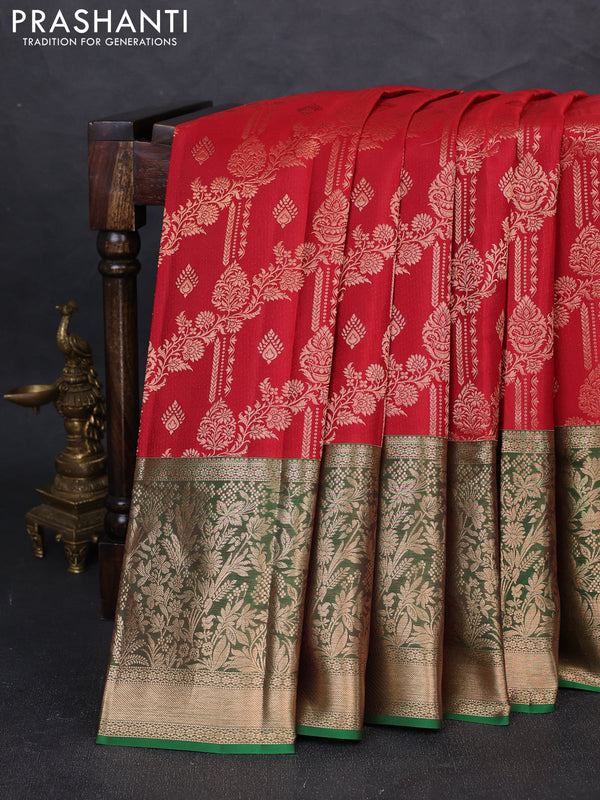 Pure kanchipuram silk saree maroon and green with allover zari woven brocade weaves and long zari woven border