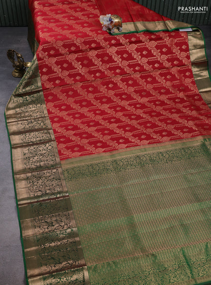 Pure kanchipuram silk saree maroon and green with allover zari woven brocade weaves and long zari woven border