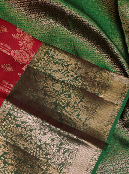 Pure kanchipuram silk saree maroon and green with allover zari woven brocade weaves and long zari woven border