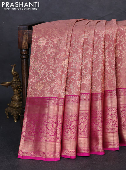 Pure kanchipuram silk saree rosy brown and pink with allover zari woven brocade weaves and long zari woven border