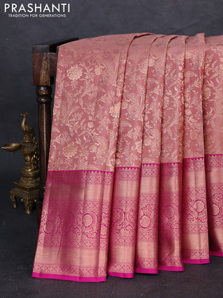 Pure kanchipuram silk saree rosy brown and pink with allover zari woven brocade weaves and long zari woven border