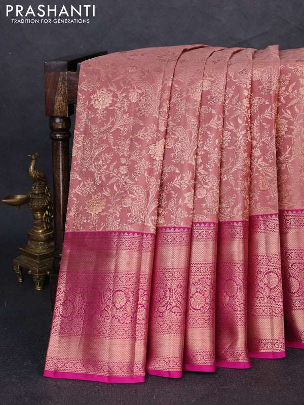 Pure kanchipuram silk saree rosy brown and pink with allover zari woven brocade weaves and long zari woven border