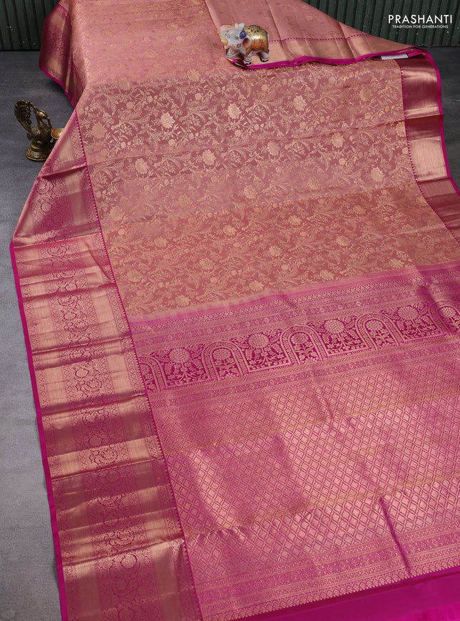 Pure kanchipuram silk saree rosy brown and pink with allover zari woven brocade weaves and long zari woven border