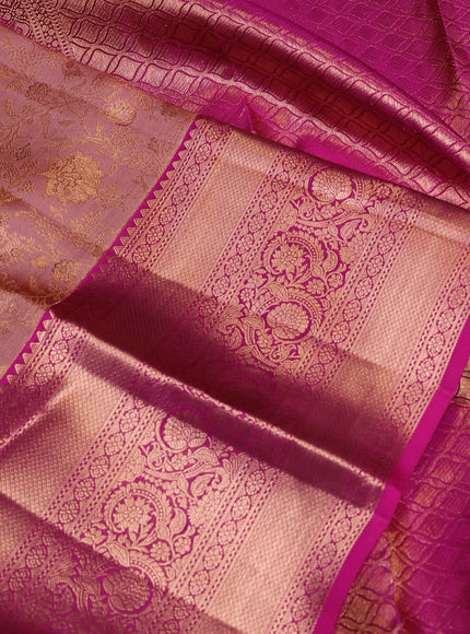 Pure kanchipuram silk saree rosy brown and pink with allover zari woven brocade weaves and long zari woven border