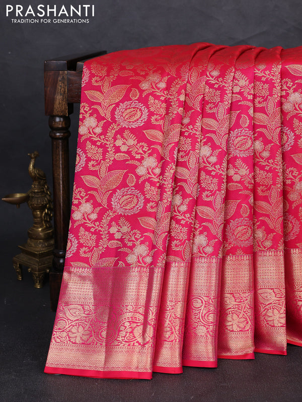 Pure kanchipuram silk saree reddish pink with allover zari woven brocade weaves and long zari woven border