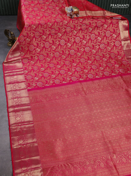 Pure kanchipuram silk saree reddish pink with allover zari woven brocade weaves and long zari woven border