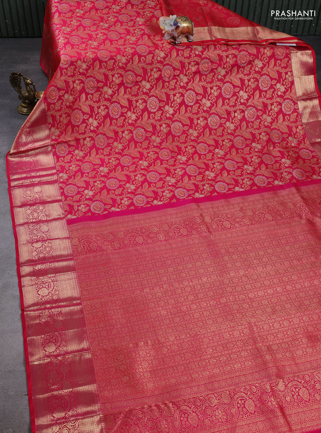 Pure kanchipuram silk saree reddish pink with allover zari woven brocade weaves and long zari woven border