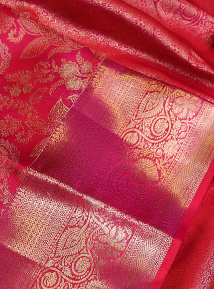 Pure kanchipuram silk saree reddish pink with allover zari woven brocade weaves and long zari woven border