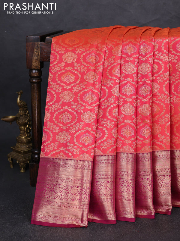 Pure kanchipuram silk saree dual shade pinkish orange and wine shade with allover zari woven brocade weaves and long zari woven border