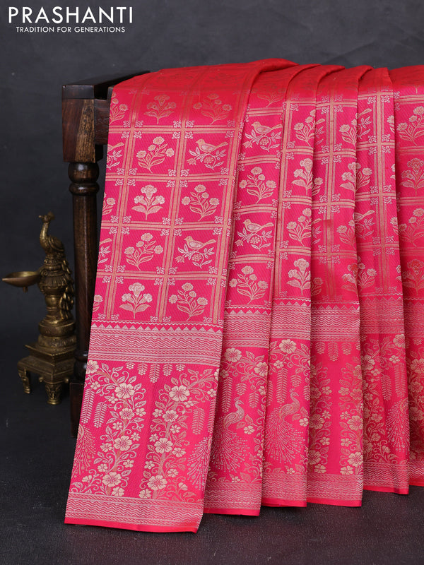 Pure kanchipuram silk saree dual shade of pink with allover zari woven brocade weaves and long zari woven border