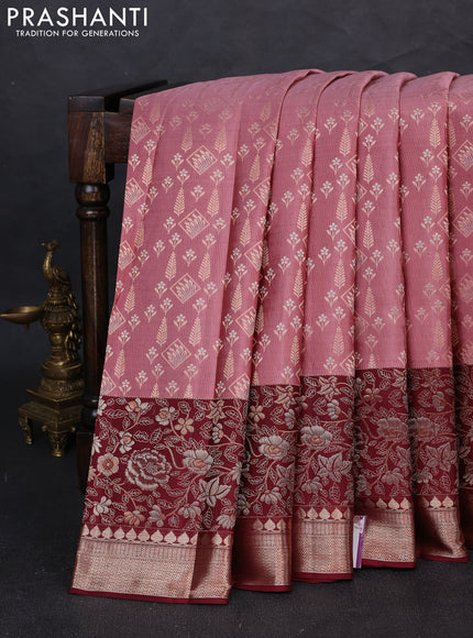Pure kanchipuram silk saree mauve pink and deep maroon with allover zari woven brocade weaves and long zari woven border