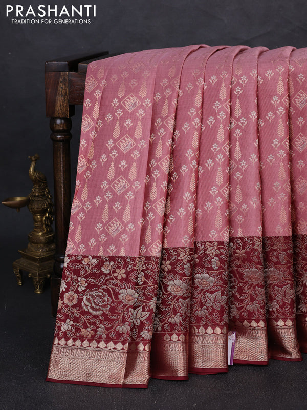 Pure kanchipuram silk saree mauve pink and deep maroon with allover zari woven brocade weaves and long zari woven border