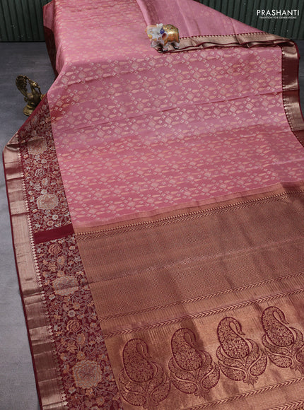 Pure kanchipuram silk saree mauve pink and deep maroon with allover zari woven brocade weaves and long zari woven border
